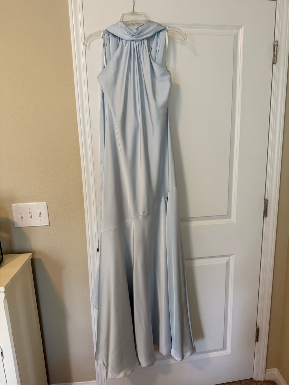 Birdy Grey Mist Blue Matte Satin Halter Bridesmaid Dress